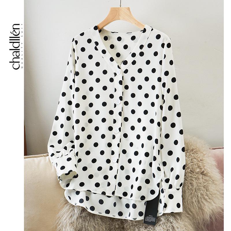 Women's Korean Style Polka Dot Chiffon Long Sleeve Shirt, Trendy White Spring Top
