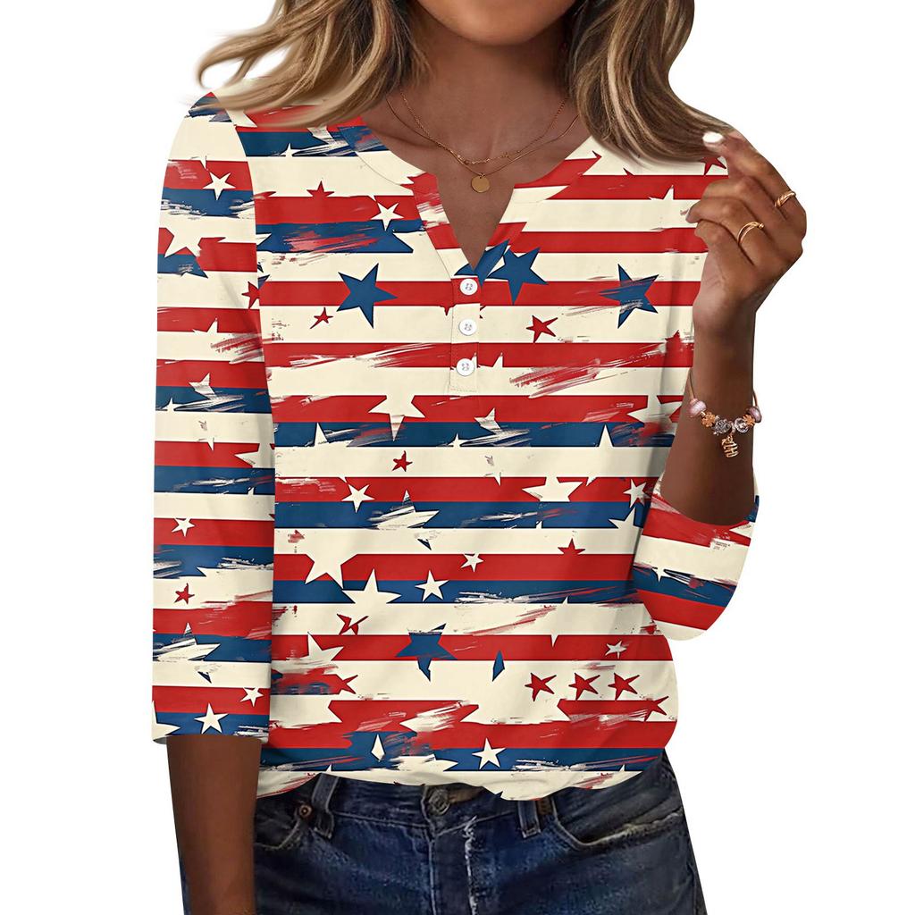 Women's T Shirt Independence Day Print Button 3/4 Sleeve Daily Weekend Fashion Basic V- Neck Regular Top