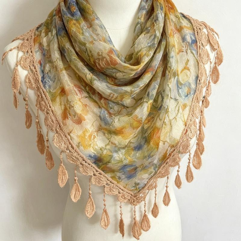 Fashion Boho Lace Trim Triangle Scarf Women Ladies Tassel Fringe Shawl Wrap Summer Beach Headscarf Holiday Waist Sash Belt