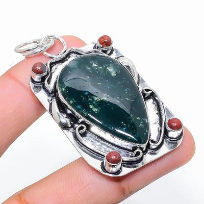 Natürlicher Indischer Moosachat Edelstein 925 Sterlingsilber Anhänger 2,36" L7b04