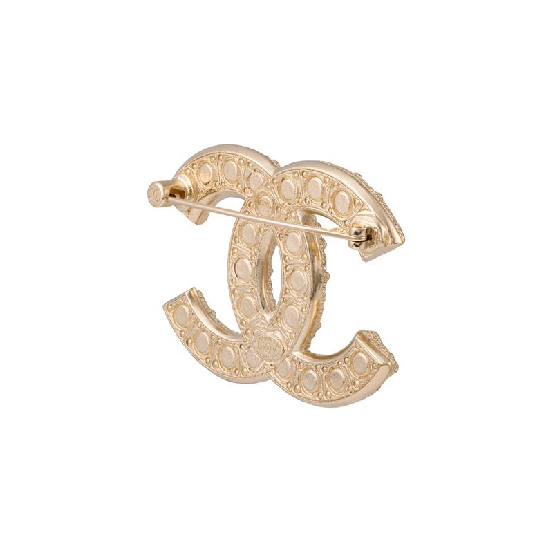 CHANEL Double C Pearl Crystal Brooch Women's Gold