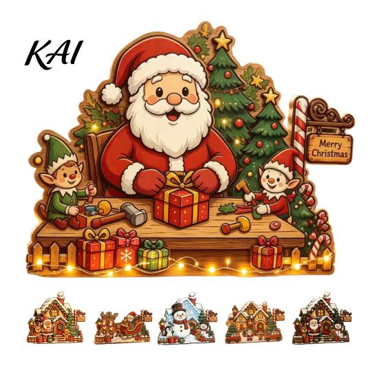 Rustic Winter Home Accents Christmas Wooden House Ornament, Santa Claus/Snowman/Elk Sleds/Winter Cabins Elk Sleigh Tabletop Decor Scene Figurines,