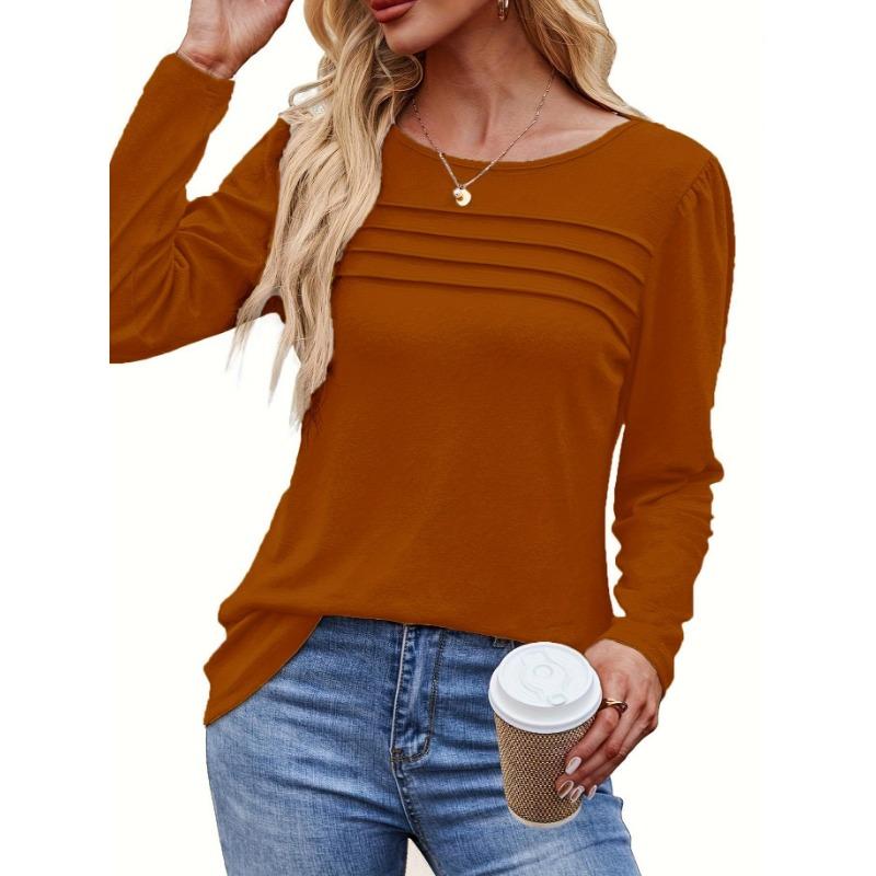 Women's Spring and Autumn Solid Color Loose Round Neck Pleated Long Sleeve Top