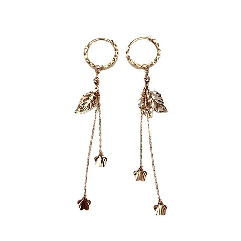 Exquisite Color Gold Pure Russian Purple Gold Shiny Leaf Tassel Earrings Versatile 585 Rose Gold Plated Long Ear Buckles