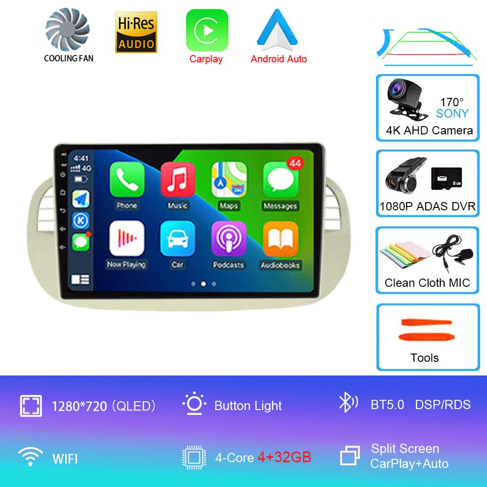 Car Radio Android 14 For Fiat 500 Navigation GPS Multimedia Player Stereo 5GWiF+4G SIM BT Wireless Auto Carplay 360 Camera 2 DIN