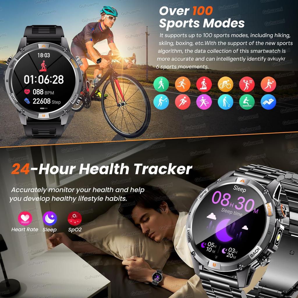New Adventure GPS Map Navigation Smart Watch AMOLED Screen 10ATM Waterproof Clock Compass Flashlight BT Call Smartwatch Men