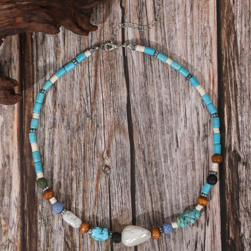 BLINGBAY Kadın Boncuklu Kolye Bohem Retro Etnik Turkuaz El Yapımı Boncuklu Ahşap Boncuklar Düzensiz Kolye Kız Doğum Günü Hediyesi
