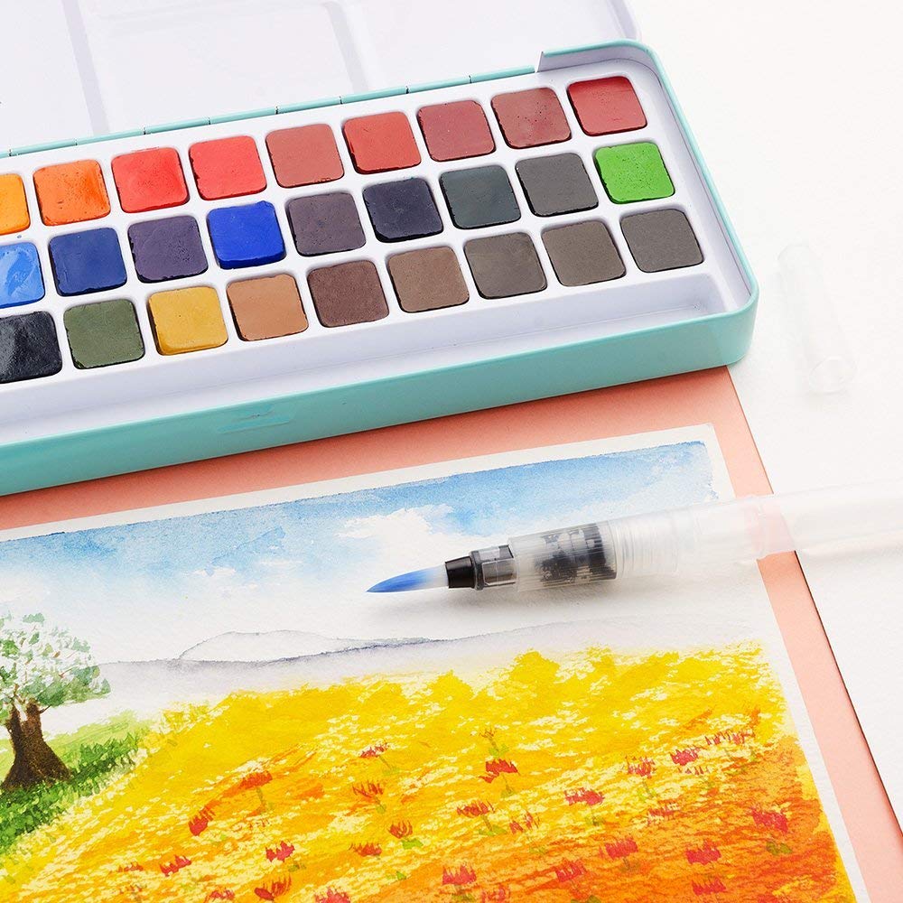 MeiLiang Solid Watercolor Paint Set with Brushes (36 Colors) and Palette In Gum Arabic