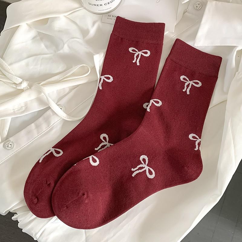 Socks Pure Cotton Medium Tube Socks Spring And Autumn Versatile Bow Love Ankola Red Cotton Stacking Socks Women