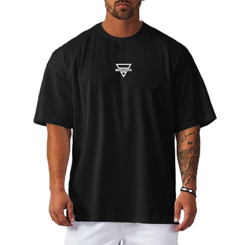 Muscleguys New Arrivals Hollow Breathable T-Shirts Men's Simple Thin Short-sleeve summer Fitness Do Exercise Oversized Tops