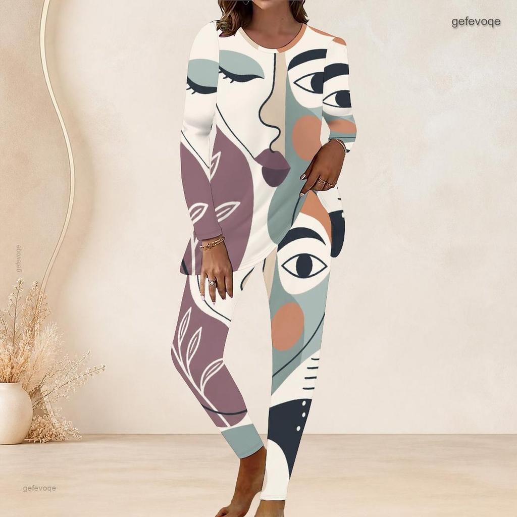 Women Plus Size Round Neck Long Sleeve Printed Longline Top And Fitted Pants Two Piece Set