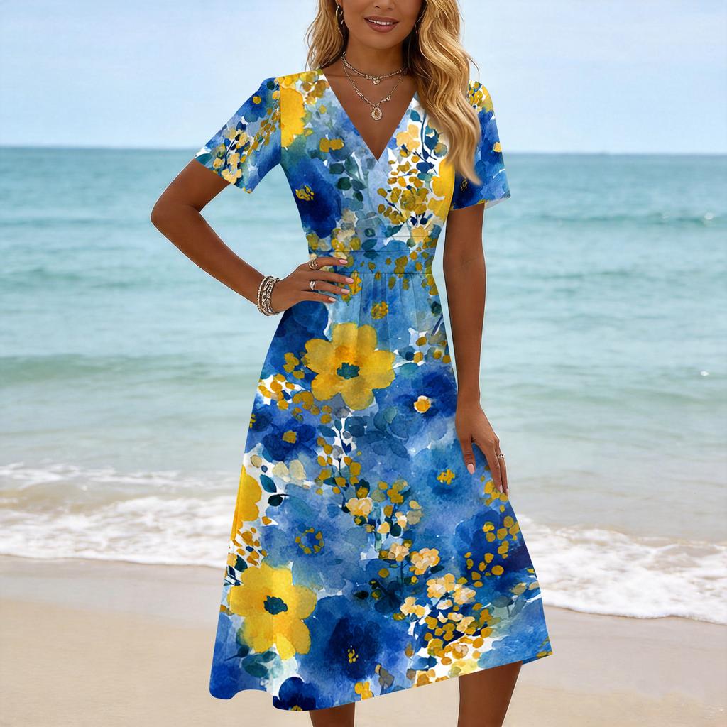Women's Casual Fashion Floral Print Short-Sleeve V-Neck Dress