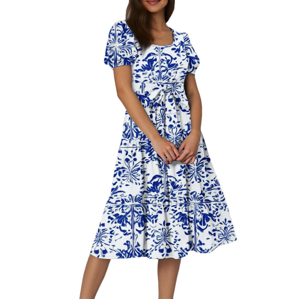 Women's Summer Floral Print Short Sleeves Neck Waistband Bohemian Flowy Layered Maxi Dress With Pockets