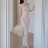 Off-Shoulder Floral Maxi Dress for Women, Slimming Mesh Waist, Gentle Summer Style