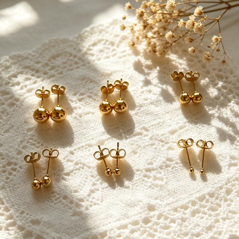Gold-Electroplated Round Bead Stud Earrings with 6/4mm Bean Shape and Pendant, DIY Stainless Steel Post, Includes Earring Backs.