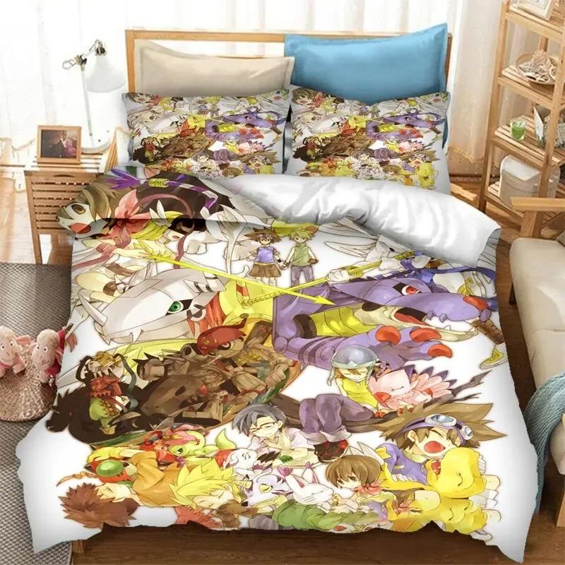 Anime Digimon Adventure Bettwäscheset Jungen Mädchen Twin Queen Größe Bettbezug Kissenbezug Bett Kinder Erwachsene Mode Heimtextilien