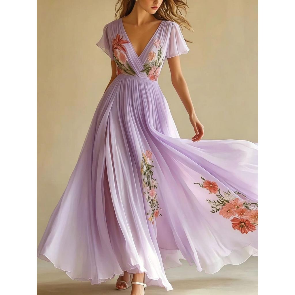 Women's V Neck Short Sleeve Maxi Dress Loose Fit High Waist Sweet Floral Print Chiffon A-Line Dress