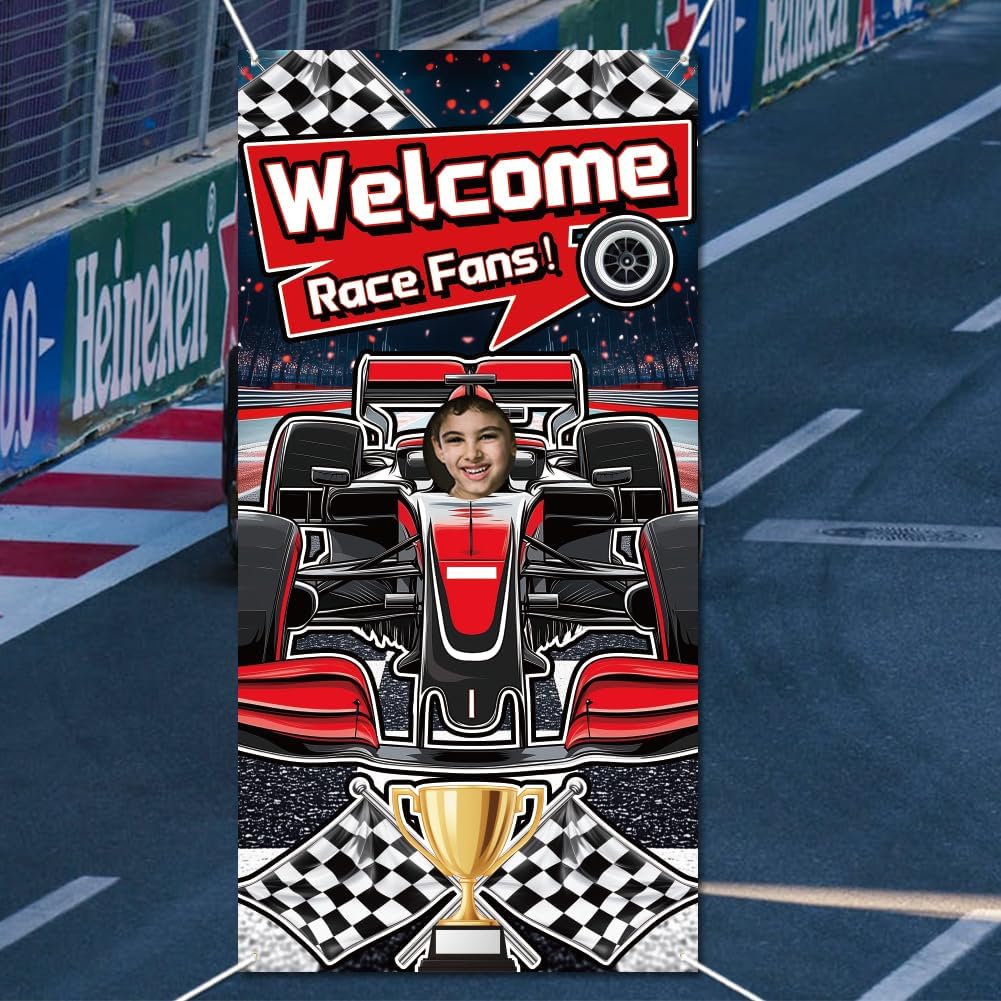 WADORN Welcome Race Fans Background Photo Door Banner for Party Decor, 5.9x2.9ft Racing Car Theme Photo Door Backdrop Props Decor Large Fabric Fun
