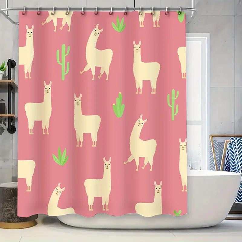 

Whimsical Alpaca Shower Curtain Set Pink Green White Pattern For Bathroom Decor 72 X 84 Inches (180X213 Cm) Made Of Water Resist W60H190(CM)-1 Pcs