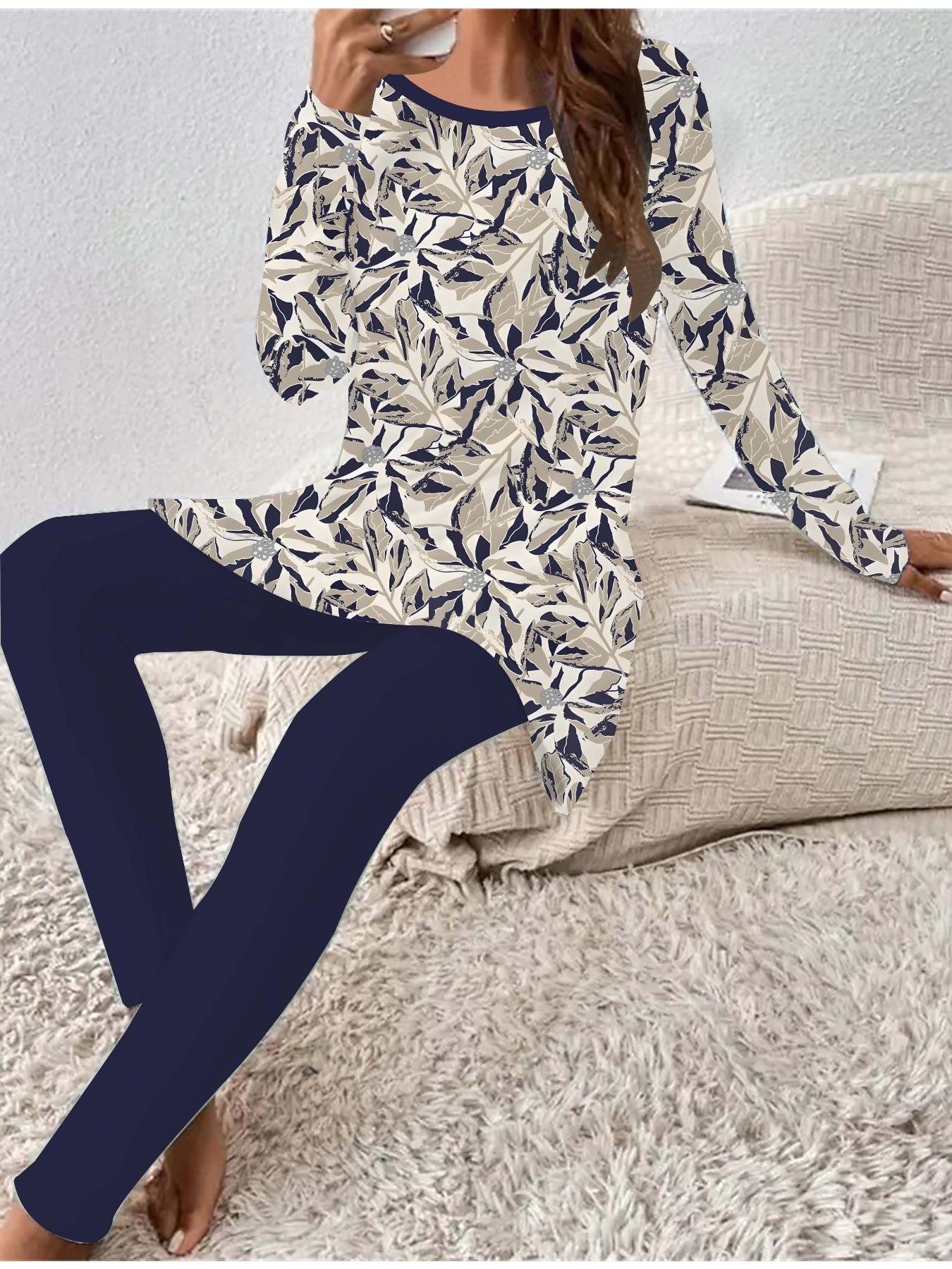 

Евро-американская мода Женский всесезонный комплект из двух предметов: футболка с длинным рукавом с 3D-принтом цветов + длинные брюки. Идеальный подарок на Новый год и Рождество 8XL темно-синий