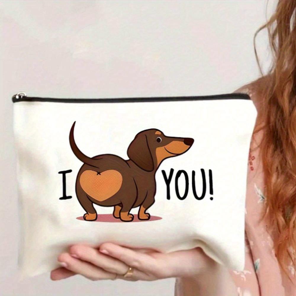 Funny Dachshund Butt Makeup Bag - Cute Brown Puppy with "I YOU!" Heart, Mini Zip-Free Purse for Women, S, Teachers