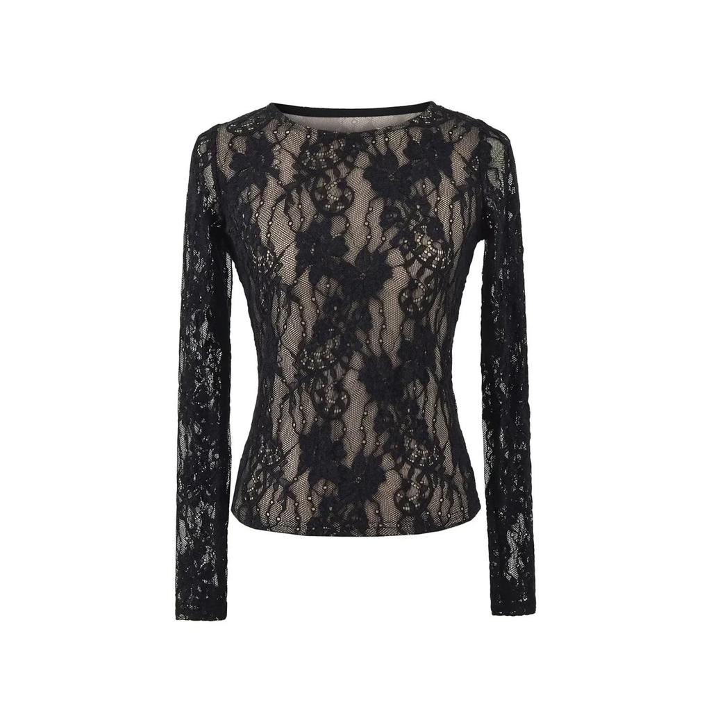 Stylish Double Layer Jacquard Mesh Top: Round Neck, Long Sleeve, Sexy Autumn Wear for Women