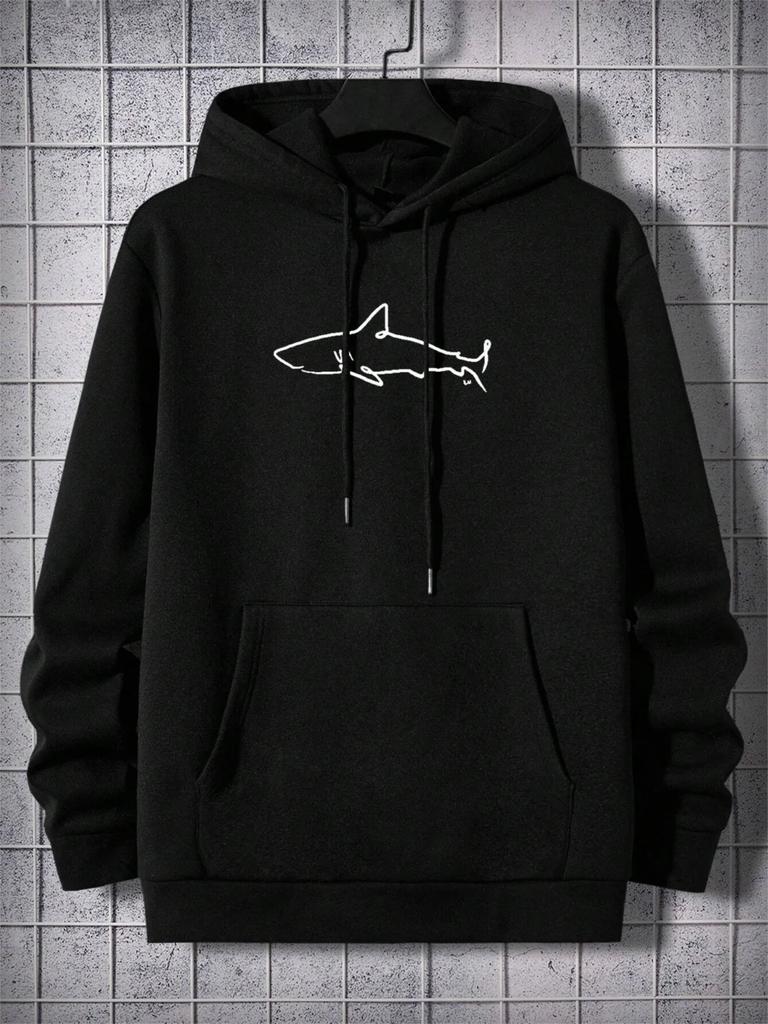 Simple Shark Printing Hoodie For Unisex Kangaroo Pocket Drawstring Pullovers Thermal Fleece Warm Sweatshirts Autumn Casual Clothes