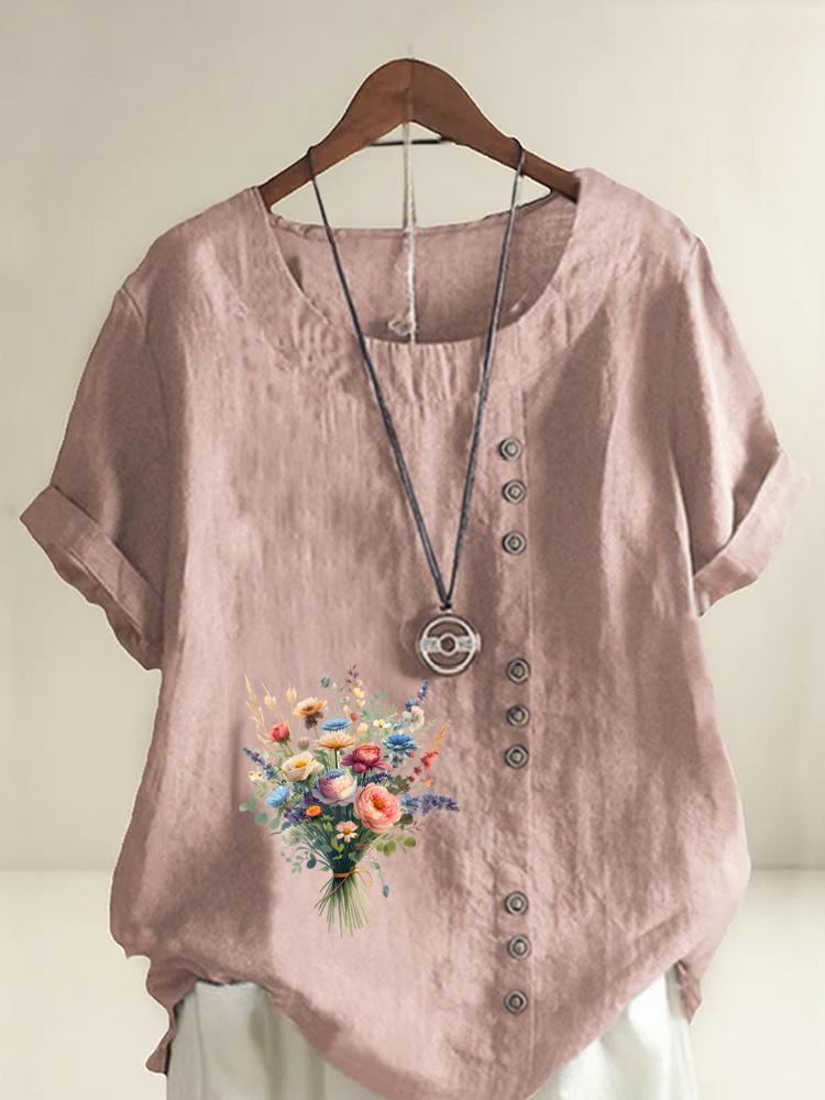 

Women s Fashion Flower Bouquet Print Shot Sleeve T-shirt Loose Cotton Shirt Casual Loose Summer Blouse Tops Plus Size S розовый