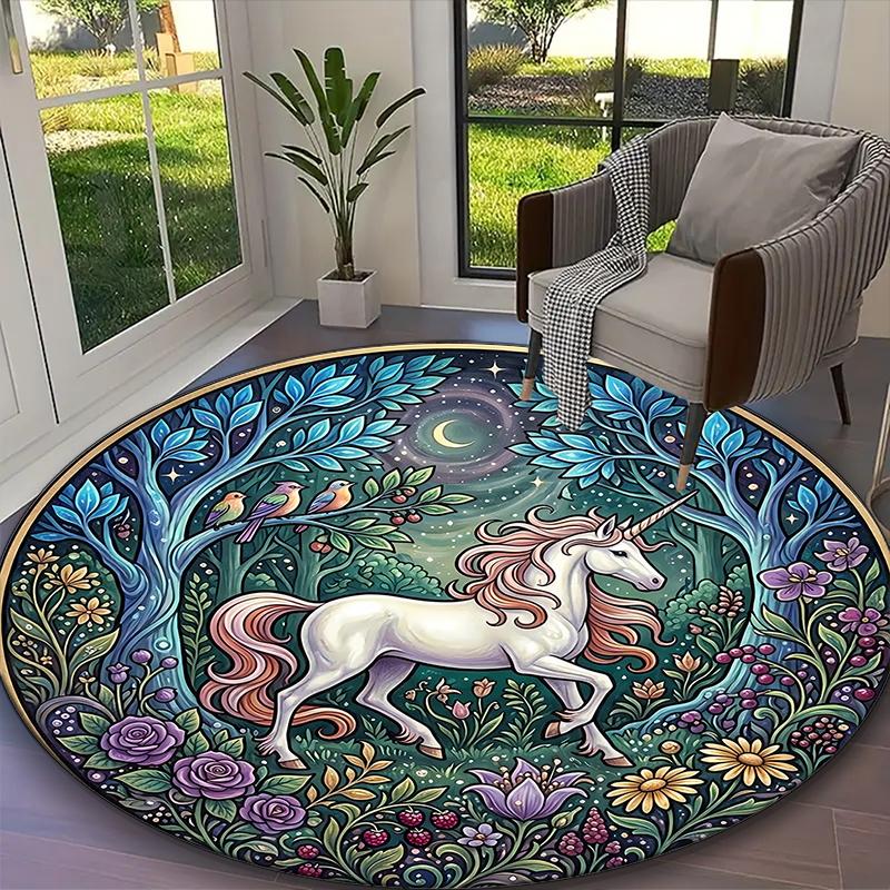1pc Office Printed Round Carpet, Celestial Blue Unicorn Rug, Home Sofa Chair Mat For Christmas and Halloween Décor
