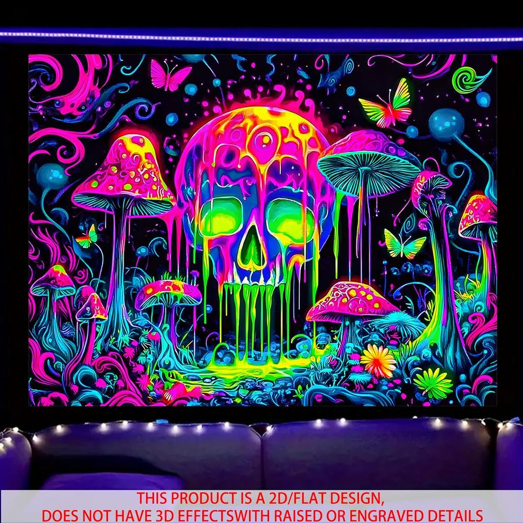 Nuxovilar UV Reactive Tapestry – Skull and Mushroom Scene Blacklight Wall Hanging, Enchanted Forest Glow Art for Bedroom and Living Room Decor,