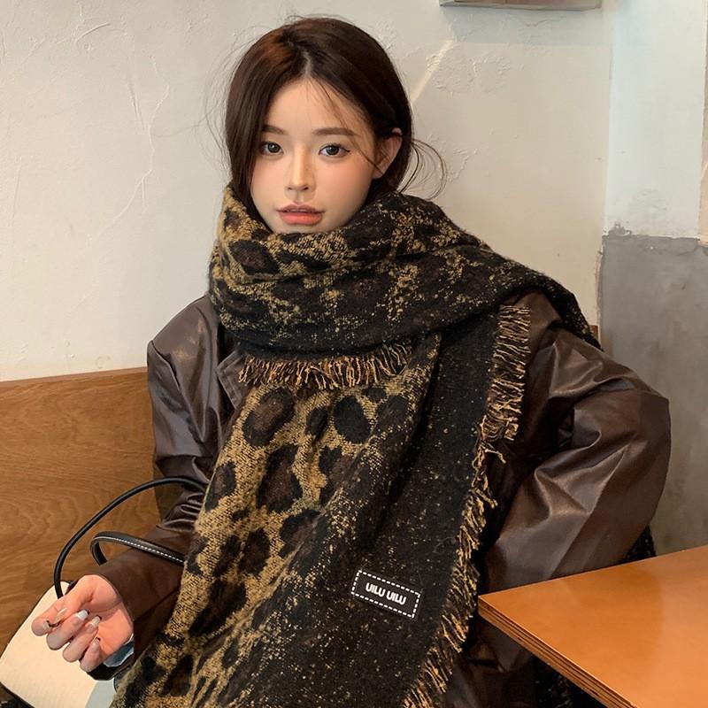 Womens Faux Cashmere Leopard Print Scarf With Fringe Warm Winter Wrap Chic Korean Style Shawl 185x55cm