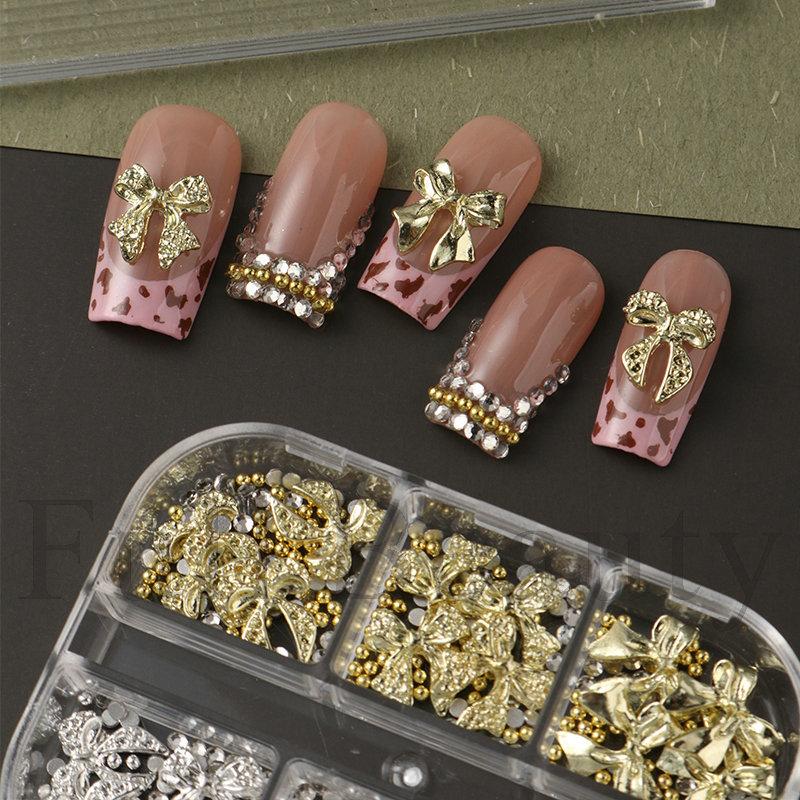1pc of 6-compartment metal bow rhinestone and steel bead 3D nail art, nail decoration, holiday gift.