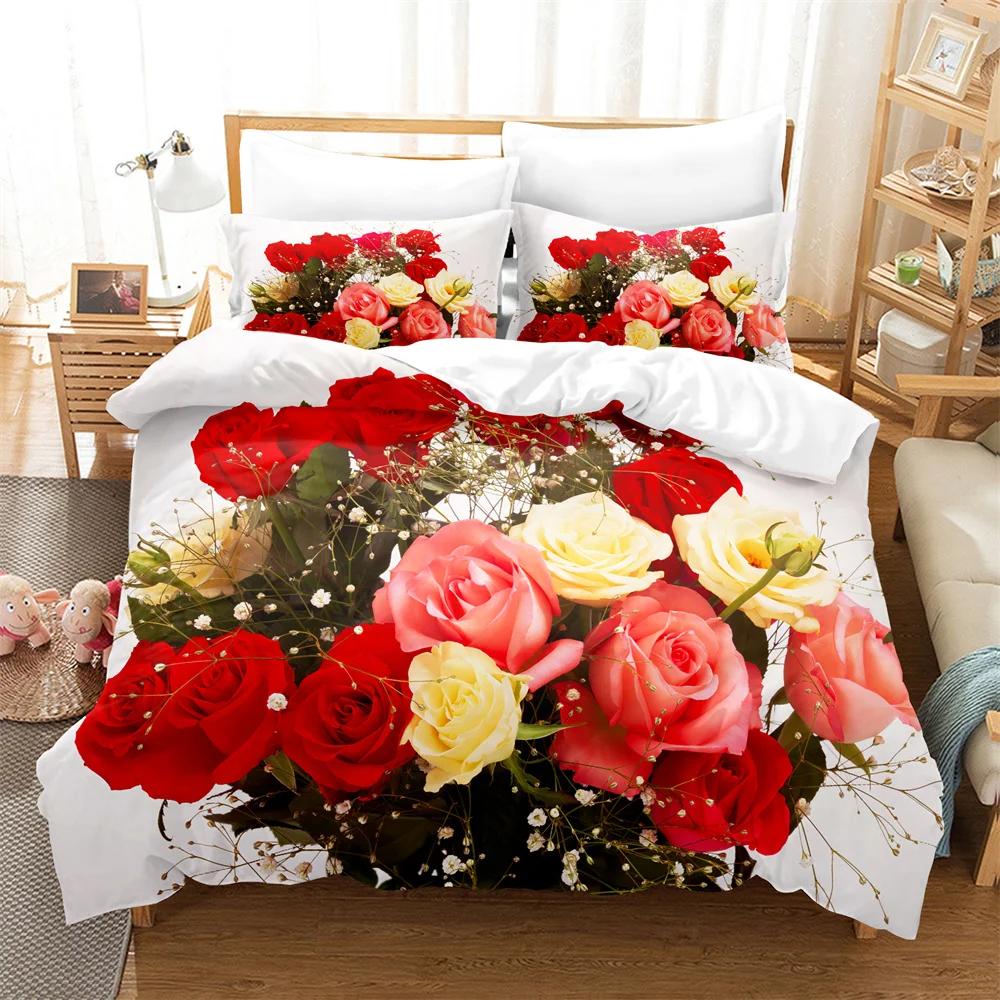 Comforter Rose Flower Bedding Set 4Pcs Pink Red 200X230 For Double Bed 3D Bedsheet 230X230 Full Size Thin Fabric