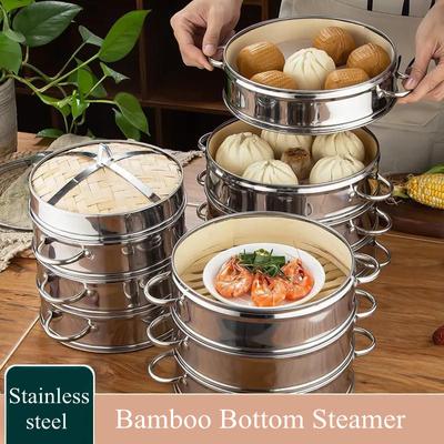 Runder Bambusdämpfer aus Edelstahl mit Deckel, Dampfgarer für Knödel, Brot, Lebensmittel, Zubehör für die Küche zu Hause
