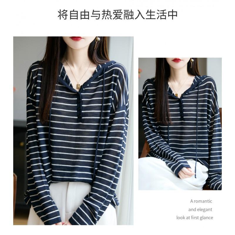 Womens Lightweight Wool Blend Hooded Sweater Long Sleeve Colorblock Striped Knit Top Casual Loose Fit