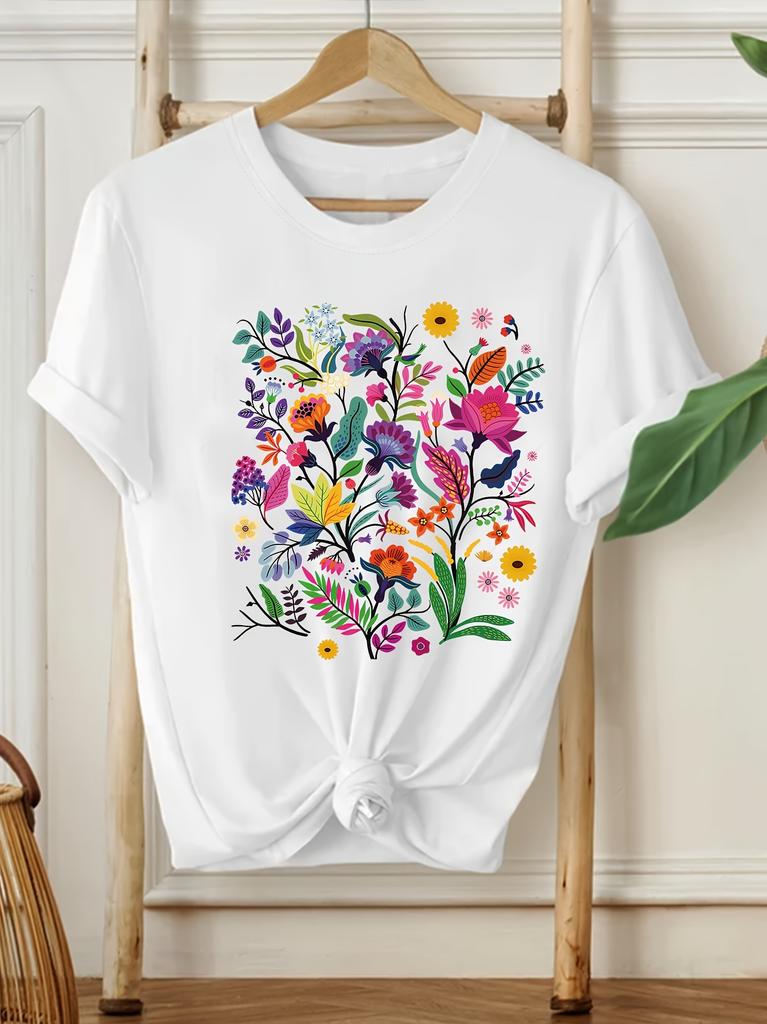 2026 Women Floral Print TShirt Short Sleeve Crew Neck Casual Top with Vibrant Flower Design Summer Ladies TShirt Summer Clothing