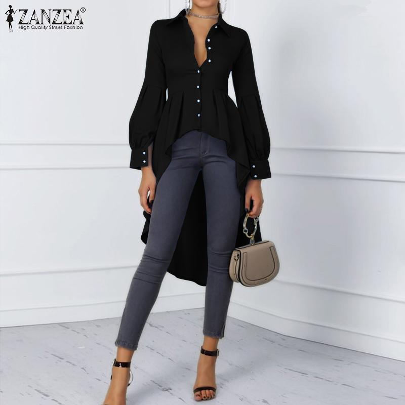 ZANZEA Dámská halenka s límečkem s klopami, dlouhým rukávem, asymetrickým lemem ve tvaru A