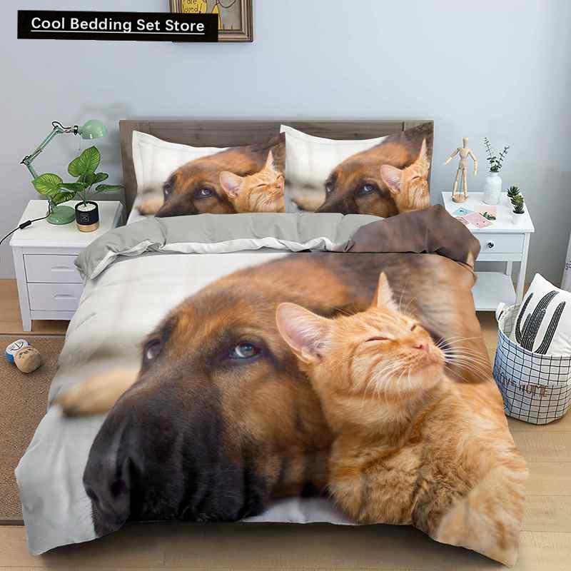 Dog Cat King Queen Duvet Cover Pet Kitty Puppy Bedding Set for Kids Teens Adults Lovely Animals Blue Soft 2/3pcs Quilt Cover
