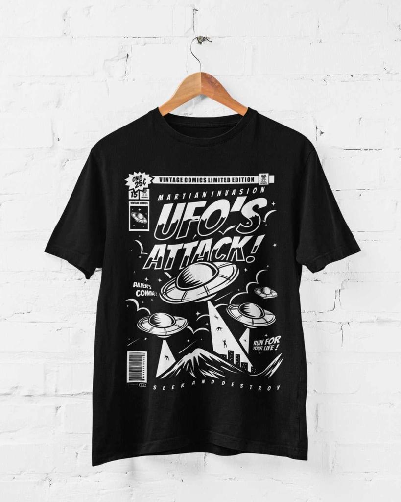 Retro Comic Book Style UFO's Attack T Shirt Funny Alien 50s Cinema Style Design
