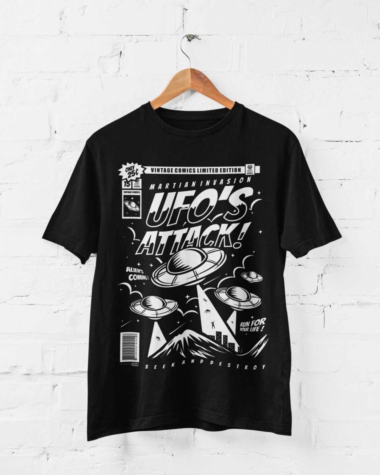Retro Comic Book Style UFO s Attack T Shirt Funny Alien 50s Cinema Style Design S