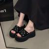 Summer new temperament rhinestone square head open-toed thick-soled cool slippers women wear height-increasing casual shoes
