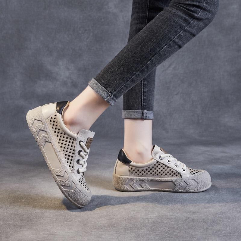 Fashion Fashion Women Flat Platform Shoes Summer Hollow Out Breathable Lace-Up Casual Sneakers Women Versatile Board Shoes Beige