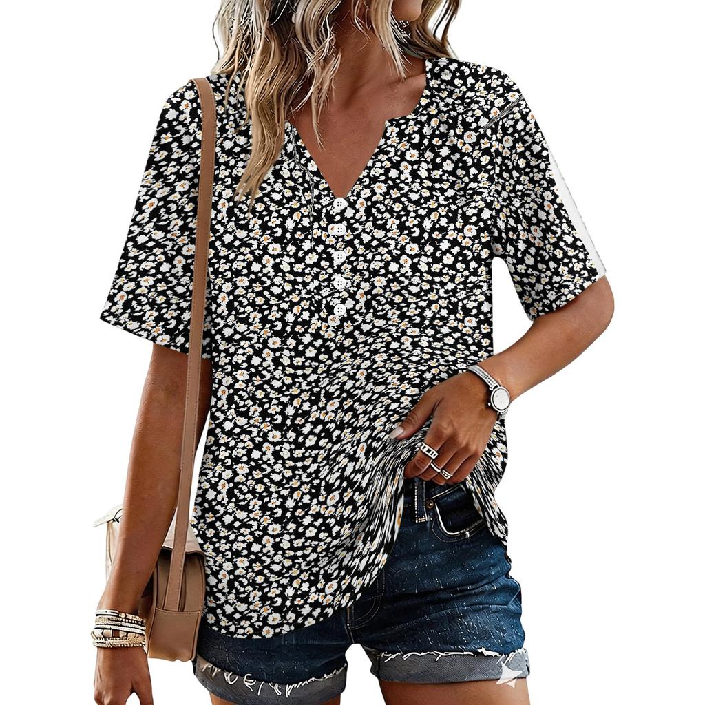Women's Fashionable Casual Floral Print Button V-neck Short-sleeved Top