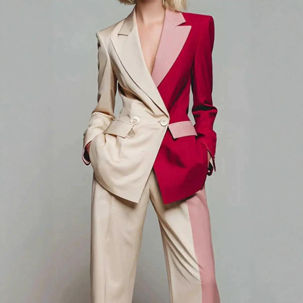 Completo Donna Splicing Design 2 Pezzi Giacca Pantalone Revers a Punta Pendolare Ufficio Palcoscenico Occasione Formale