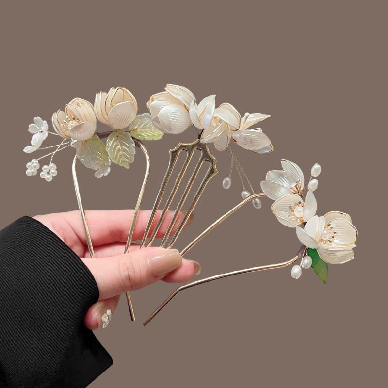 U Shape Jade Orchid Hairpin For Women Vintage Chinese Style Wrapping Flower Hairpin Handmade Metal Jewelry Hair Accessory