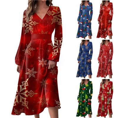Women's Autumn And Winter Casual Fashion V-neck Long Sleeve Christmas Print Long Dress