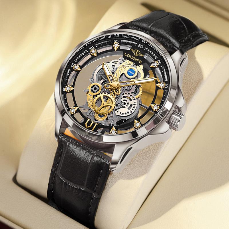 

2023 Двусторонние автоматические часы-скелетоны для мужчин в деловом стиле — водонепроницаемые, светящиеся