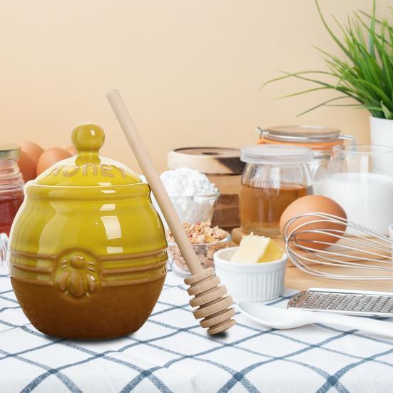 350ml Ceramic Honey Jar Farmhouse Honey Pot with Wood Honey Dipper Stick Retro