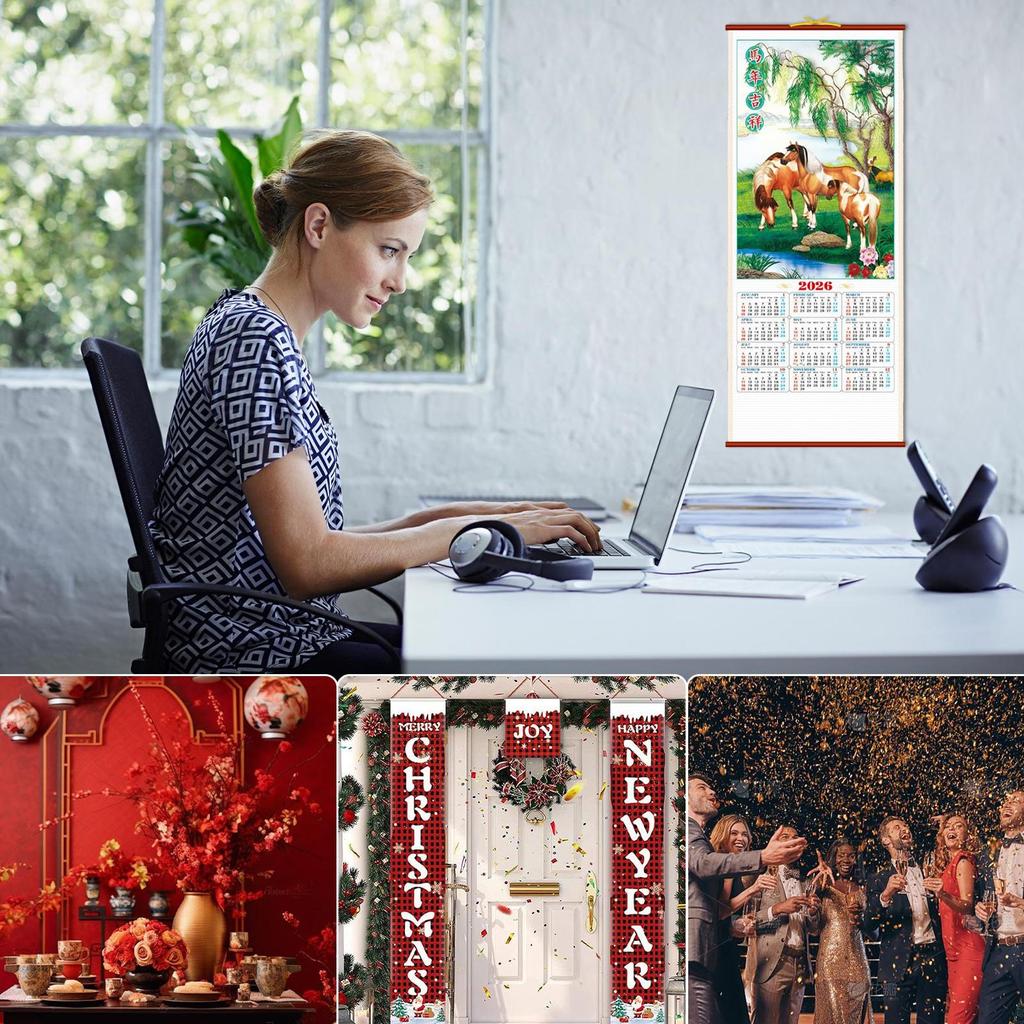2026 Imitation Weinrebe Hängender Kalender Jahr des Pferdes Chinesischer Kalender Monatsplaner Organizer Aufhängbarer Wandkalender Dekor