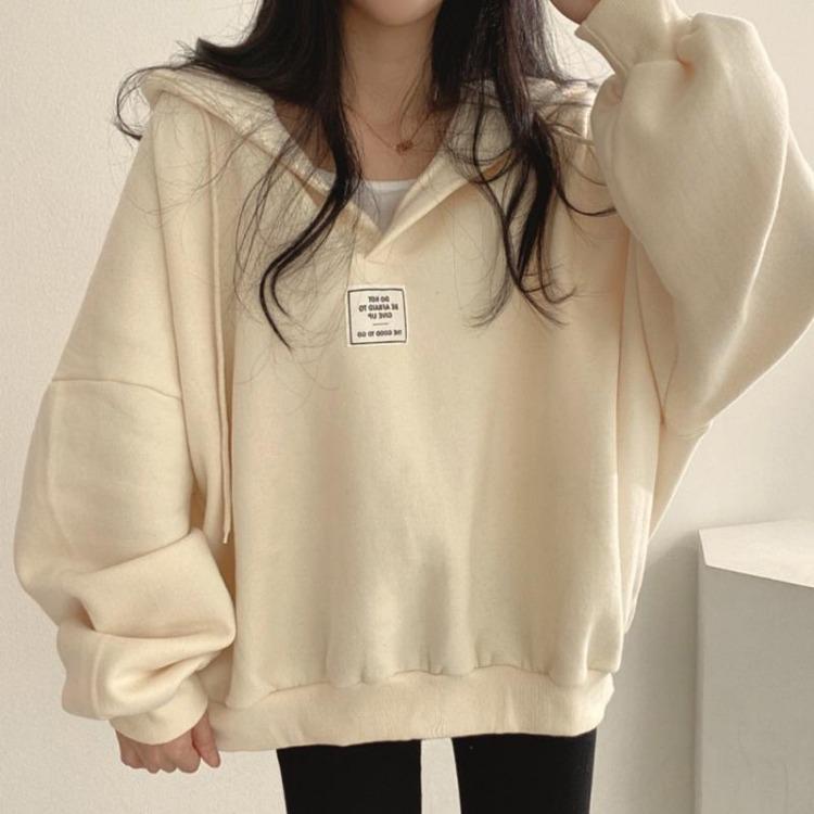 Women Loose Fashion Drop Shoulder Hooded Sweatshirt Top Large Size Solid Color Patch
